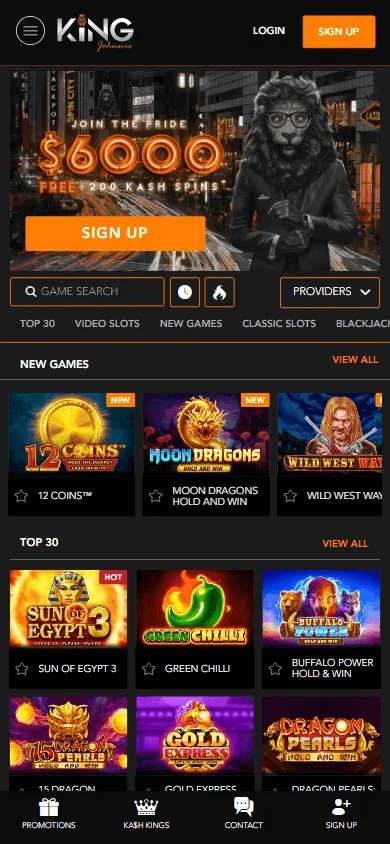 King Johnnie Casino mobile browser home screen for playing on a phone