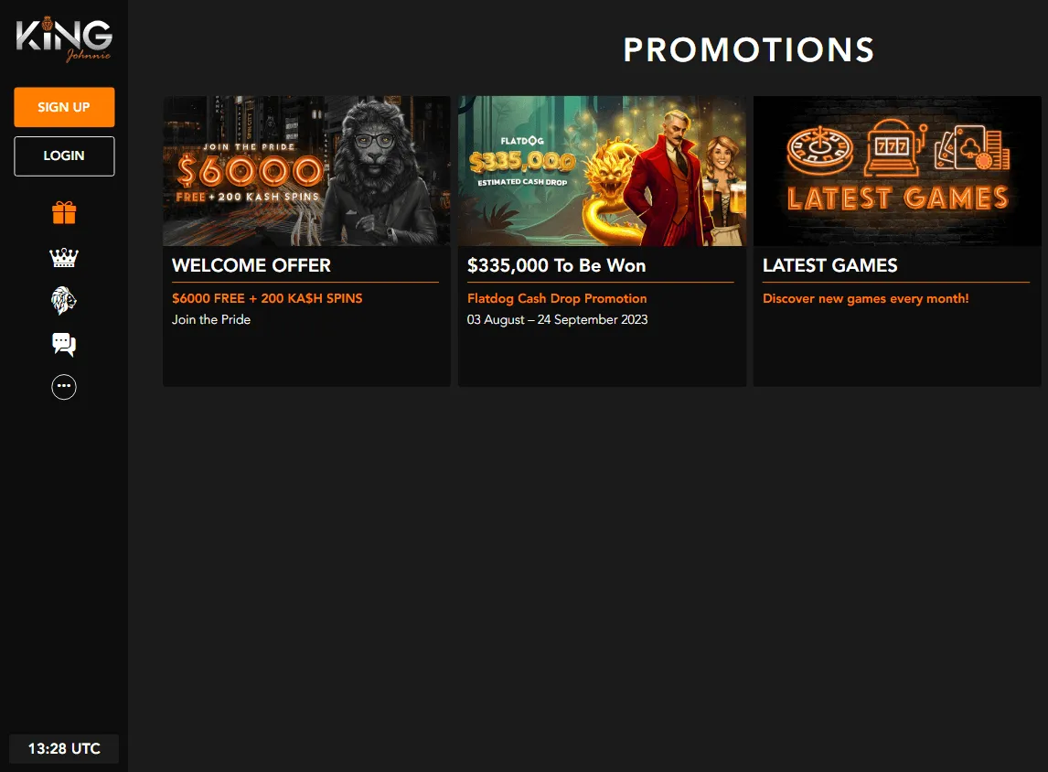 King Johnnie Casino desktop promotions area with welcome and promotional offers
