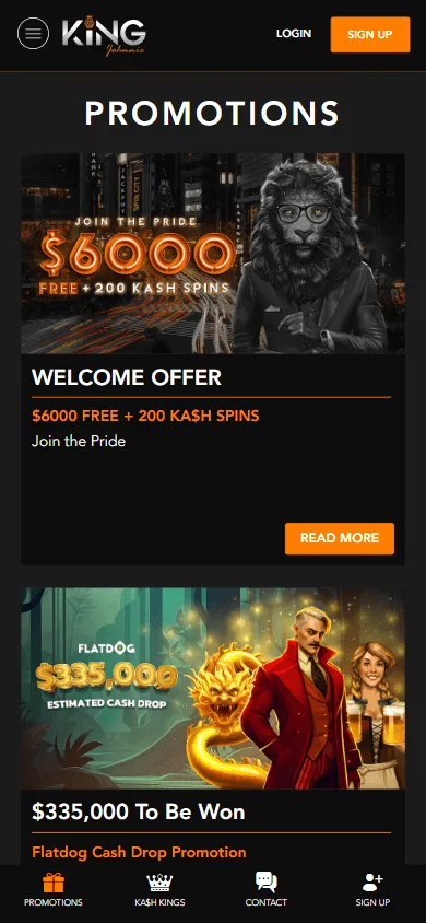 King Johnnie Casino mobile promotions area with casino offers