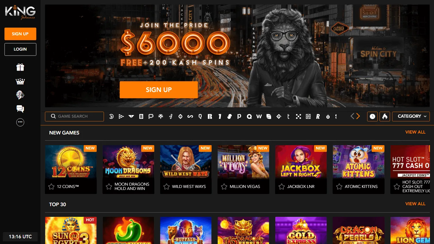 King Johnnie Casino desktop home screen with casino games and account access